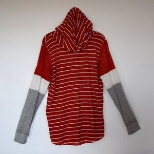 Maurices Women's Large Sweatshirt Hooded Lightweight Shirt Red Gray White Stripe
